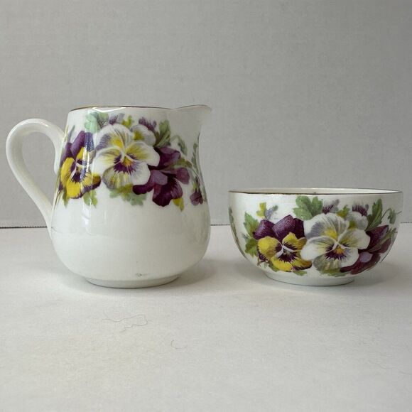 CROWN STAFFORDSHIRE Mini Creamer & Sugar Bowl White, Yellow, Purple Pansies VTG - Picture 13 of 13